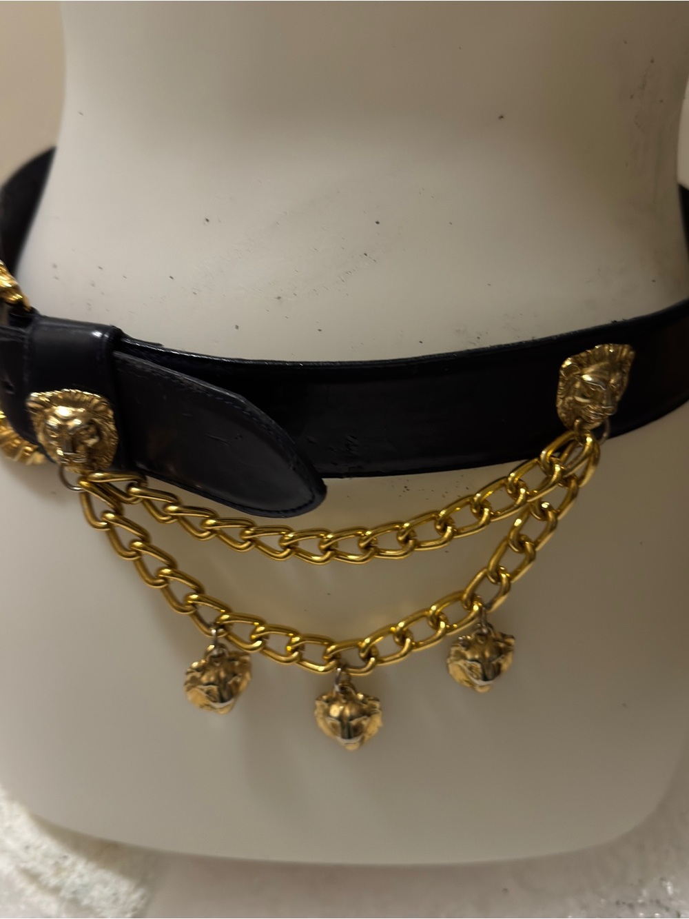 Vintage Jones New York Lion Heads Chain Belt Black Gold Tone Buckle Med AS IS
